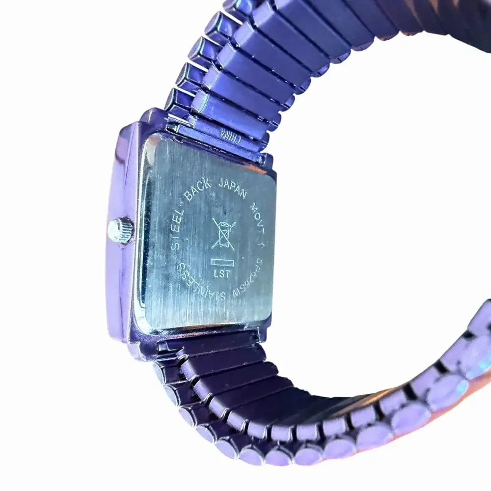 Avon Metallic Purple Stretch Band Rhinestone Bracelet Watch Rectangular Quartz